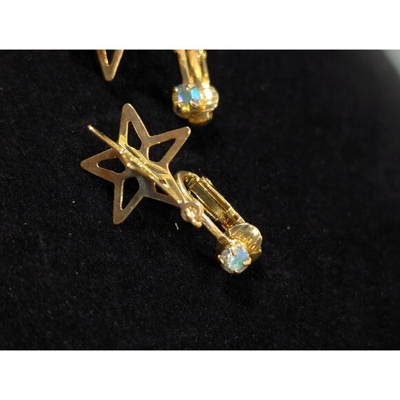 Vintage Gold Tone 3D Star AB Rhinestone Dangle Clip On Earrings - Picture 3 of 7